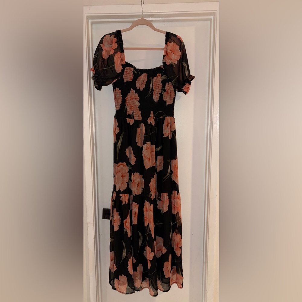 Patrons of Peace Black Midi Dress with Peach Floral Print